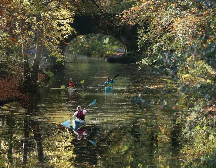  ??  ?? People kayak along the Basingstok­e canal near to Dogmersfie­ld, England, yesterday. Photo: AP