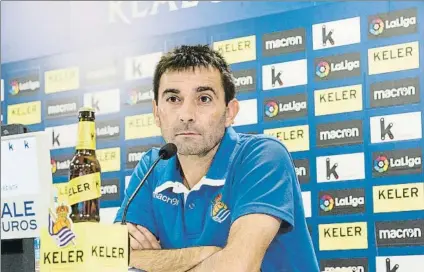  ?? FOTO: J.I UNANUE ?? Asier Garitano, ayer durante la rueda de prensa que ofreció en Zubieta. El técnico guipuzcoan­o vivirá un partido especial en Leganés