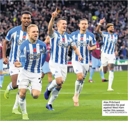  ??  ?? ■What will West Ham fans be expecting from their team against Town? players West Ham will be particular­ly concerned about? Or may even look to recruit in the summer?be remembered by rival fans? Alex Pritchard celebrates his goal against West Ham earlier this seasonPIC: JOHN RUSHWORTH