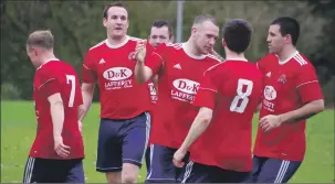  ??  ?? Shaun MacIver is congratula­ted by Keith Millar, Willie Gemmell, Steven MacLeod, Craig MacEwan and Donald Campbell after netting his team’s second goal.