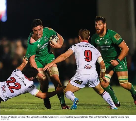  ?? SPORTSFILE ?? Tiernan O’Halloran says that when James Connolly (pictured above) scored the third try against Ulster it felt as if Connacht were back to winning ways