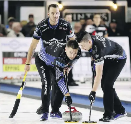  ?? MARK MALONE ?? Former skip Mike McEwan, front left, is relearning how to sweep alongside lead Colin Hodgson, right, after teaming up with friend and longtime rival Reid Carruthers this season in a co-skip role. Looking on is second Derek Samagalski.