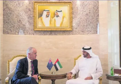  ?? Mohamed Al Hammadi / Crown Prince Court – Abu Dhabi ?? Sheikh Mohammed bin Zayed, Crown Prince of Abu Dhabi and Deputy Supreme Commander of the Armed Forces, yesterday met Australian prime minister Malcolm Turnbull at Al Shati Palace.