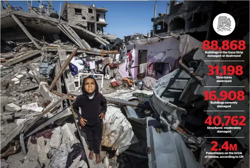  ?? — AFP ?? A Palestinia­n girl looks up to watch a military drone (not in the picture) as she stands on the rubble of destroyed houses in the Rafah refugee camp in the southern Gaza Strip on Thursday.