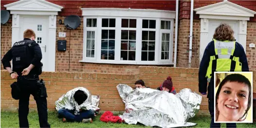  ??  ?? Under guard: Officers keeping watch on three migrants as they huddle under blankets at the home of Kimberly Addy, inset