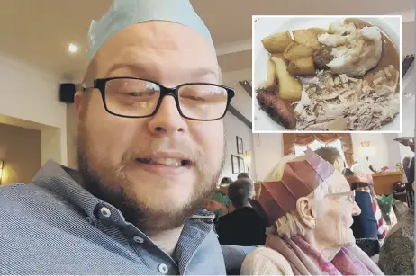  ??  ?? Simon Smith with his grandma Pat Smith at the Black Bush in Washington for Christmas dinner. Inset, the meal he was served.