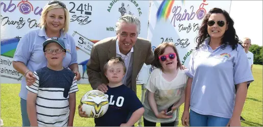  ??  ?? FAI Chief Executive John Delaney pictured with members of the Rainbow Club at the launch of the Albion Rovers all weather pitch/ Rainbow Club fundraiser at the club on July 24.