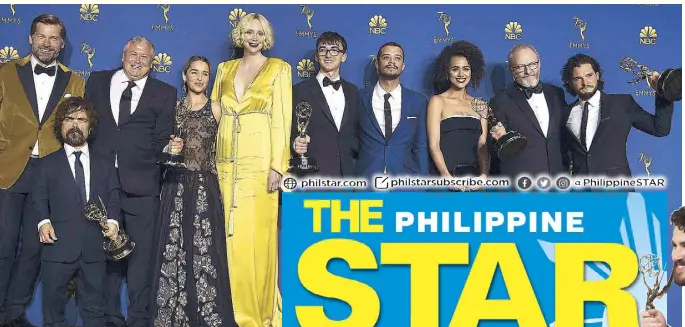  ?? AP ?? The cast of ‘Game of Thrones’ poses backstage after winning the award for outstandin­g drama series at the 70th Primetime Emmy Awards at the Microsoft Theater in Los Angeles yesterday. In photo are (from left) Nikolaj Coster-Waldau, Peter Dinklage, Conleth Hill, Emilia Clarke, Gwendoline Christie, Isaac Hempstead Wright, Jacob Anderson, Nathalie Emmanue, Liam Cunningham and Kit Harington.