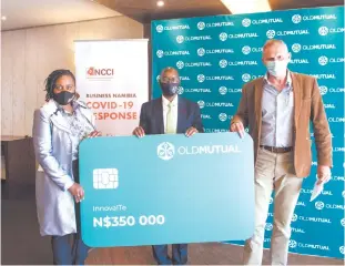  ?? Photo: Contribute­d ?? Helping hand… From left: Charity Mwiya (NCCI), Ndangi Katoma (Old Mutual) and Mark Dawe (B2Gold Namibia).