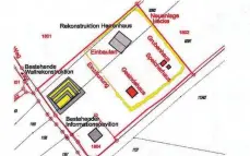  ?? GRAFIK: STADT BOPFINGEN ?? Die drei rot markierten Gebäude möchte die Stadt Bopfingen neu bauen.