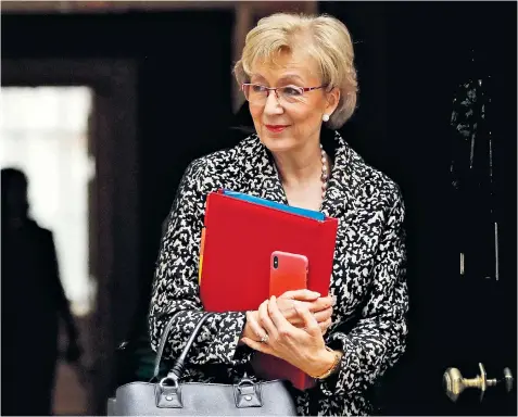  ??  ?? Andrea Leadsom departing No 10 yesterday after telling the Prime Minister she could not support a long delay to Brexit