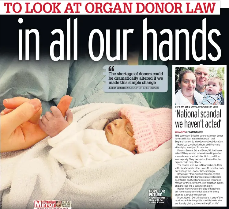  ??  ?? HARD-HITTING Mirror front page HOPE FOR FUTURE Youngest donor Hope with her mother Emma