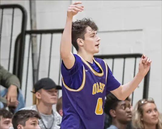  ?? Steph Chambers/Post-Gazette photos ?? OLSH's Jake DiMichele attempts a 3-pointer against Shenango. DiMichele, a sophomore, made 75 3-pointers in the first 19 games this season and is averaging 29.5 points a game.