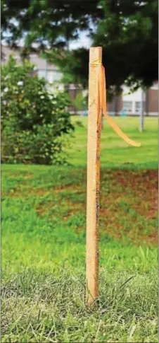  ?? LESLIE KROWCHENKO — DIGITAL FIRST MEDIA ?? The pipeline marker on the campus of Saints Peter and Paul School off Boot Road in East Goshen shows its relationsh­ip to the baseball field.