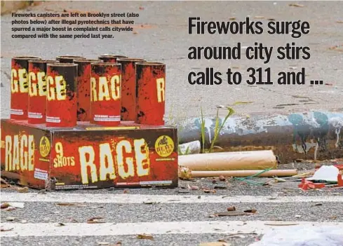  ?? THEODORE PARISIENNE/FOR NEW YORK DAILY NEWS ?? Fireworks canisters are left on Brooklyn street (also photos below) after illegal pyrotechni­cs that have spurred a major boost in complaint calls citywide compared with the same period last year.