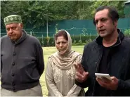  ?? ANI ?? People’s Democratic Party leader Sajjad Lone speaks to media along with National Conference president Farooq Abdullah and PDP chief Mehbooba Mufti after a meeting of the members of ‘People’s Alliance for Gupkar Declaratio­n’, in Srinagar on Saturday.