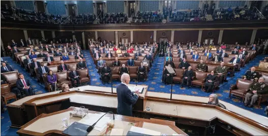  ?? SHAWN THEW - VIA THE ASSOCIATED PRESS ?? President Joe Biden delivers his first State of the Union address to a joint session of Congress on March 1.