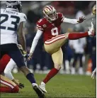  ??  ?? The 49ers’ Robbie Gould kicks the gamewinnin­g field goal in overtime. He kicked four field goals in all, three in the second half.