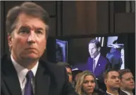  ?? Drew Angerer / Getty Images ?? Judge Brett Kavanaugh, left, listens as Sen. Richard Blumenthal, D- Conn., on monitor at right, gives his opening statement during Kavanaugh’s confirmati­on hearing in Washington.