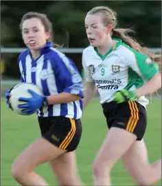  ??  ?? Ellen Duggan of Adamstown on the move away from Ballygarre­tt’s Emily Riley during the Division 2 final.