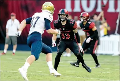  ?? Derek Tuskan/San Diego State athletics ?? San Diego State’s Parker Baldwin looks to make a play against University of California-Davis during the opening game of the 2017 season.