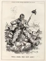  ??  ?? ■ Cartoons of a different kind appeared in British publicatio­ns, of course. This example shows a grinning but slightly injured ‘Tommy’ of Kitchener’s New Army after the Somme battles of July 1916. He is depicted as victorious and with a German Picklehaub­e helmet on his bayonet. This cartoon appeared in ‘Punch’.