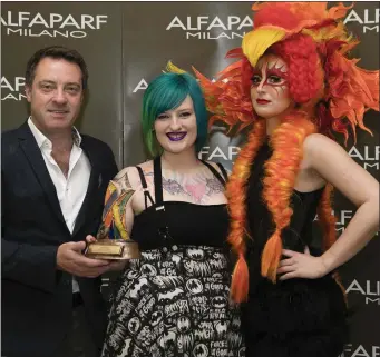  ??  ?? Stuart Kelly, ALFAPARF Milano with Kayleigh O’Brien and her model Emma Jane Hughes.