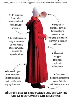  ??  ?? Un manteau à capuche « en tissu lourd comme une armure ».
La couleur rouge sang, « marqueur de leur fertilité et de leur unique fonction de reproductr­ice ». La robe longue sans fermeture Éclair ni boutons, « exit les éléments trop aguicheurs ». Une...