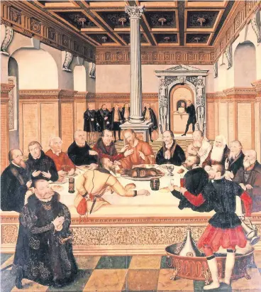  ?? FOTO: AKG ?? „Das Abendmahl“(Epitaph für Fürst Joachim von Anhalt) von Lucas Cranach dem Jüngeren. Der Mundschenk vorne rechts die Züge des Malers.
