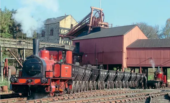  ?? PAUL JARMAN ?? In April 2011, ‘Coffee Pot’ was reunited with another Betchworth Quarry surviving locomotive, Fletcher Jennings 0-4-0T Captain Baxter (No. 158 of 1877). Here the two are seen shunting chaldron wagons within the Edwardian colliery sidings at Beamish on April 17, 2011.