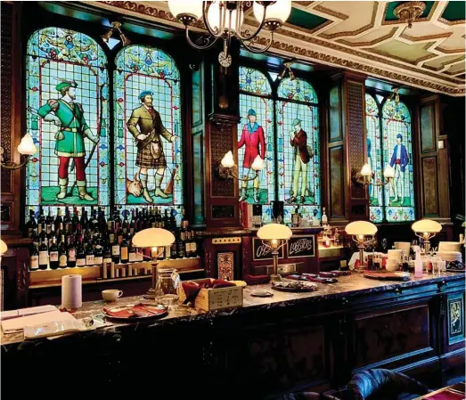  ??  ?? Above: Café Royal, Edinburgh. Far left: Wheelchair­bound Queen Victoria with the war wounded, St Mary’s Church, Hook. Left: wren hunting a spider, Zouche Chapel, York Minster