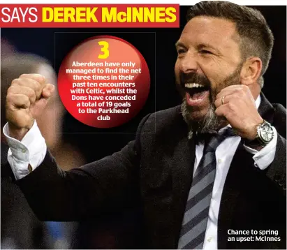  ??  ?? Aberdeen have only managed to find the net three times in their past ten encounters with Celtic, whilst the Dons have conceded a total of 19 goals to the Parkhead club Chance to spring an upset: McInnes