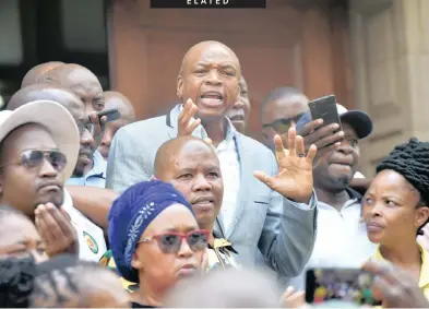  ?? | ITUMELENG ENGLISH ?? FORMER North West premier Supra Mahumapelo is seen addressing ANC party members after winning a court challenge at the South Gauteng High Court. Mahumapelo was ordered to be reinstated as ANC chairman in the province.