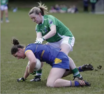  ??  ?? Wicklow’s Jackie Kinch comes under pressure from Shauna Hamilton of Fermanagh.