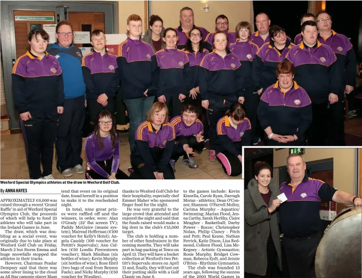  ??  ?? Wexford Special Olympics athletes at the draw in Wexford Golf Club. Mags D’Arcy draws the winning ticket, assisted by Peadar Dempsey.
