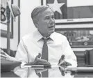  ?? JAY JANNER/AUSTIN AMERICAN-STATESMAN ?? Gov. Greg Abbott talks in his office at the Texas Capitol on June 2.