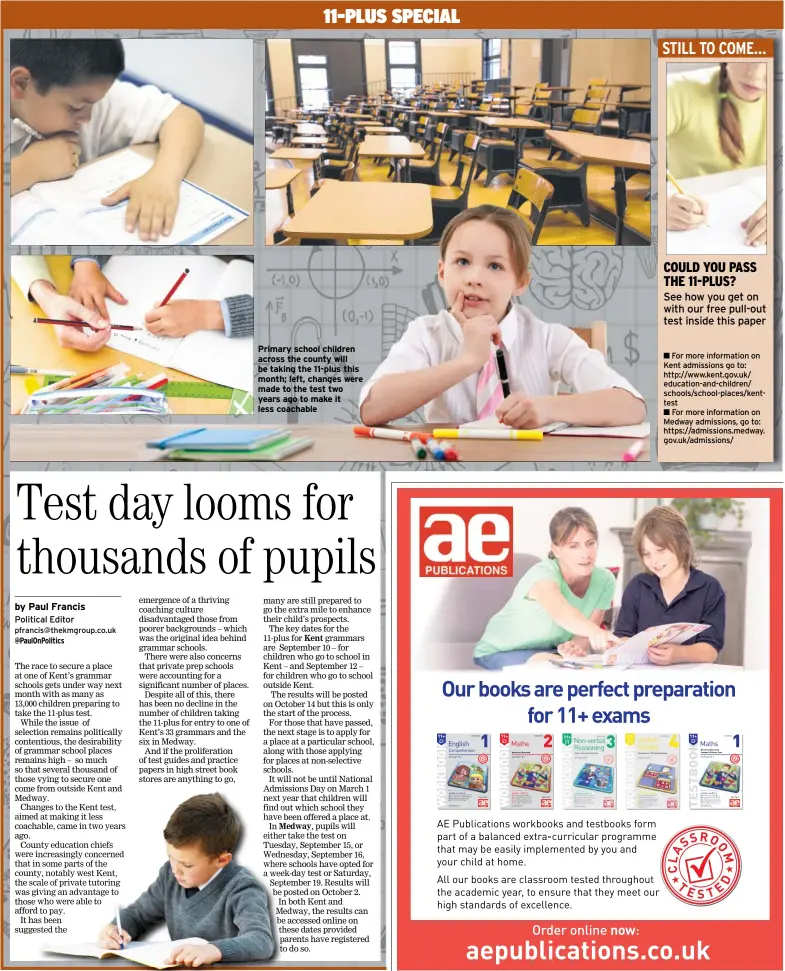  ??  ?? Primary school children across the county will be taking the 11-plus this month; left, changes were made to the test two years ago to make it less coachable
