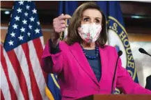  ?? AP PHOTO/JACQUELYN MARTIN ?? House Speaker Nancy Pelosi of California speaks about the Congress Equality Act on Thursday from Capitol Hill in Washington.