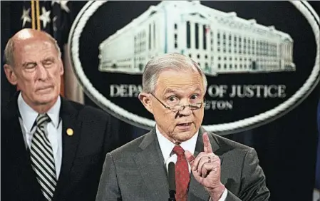 ?? TASOS KATOPODIS/EPA ?? Attorney General Jeff Sessions, right, and national intelligen­ce director Dan Coats announced new govnerment efforts to stop leaks.
