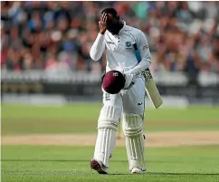  ?? PAUL CHILDS/ REUTERS ?? West Indies’ Jermaine Blackwood laments his dismissal against England in the pink ball test.