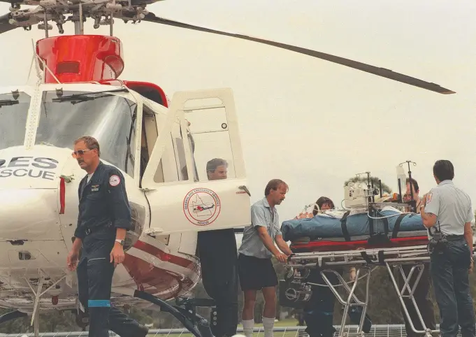  ??  ?? Drug overdose victims are transporte­d to hospital in Brisbane by helicopter from Broadbeach; and the then-area councillor Eddy Sarroff.