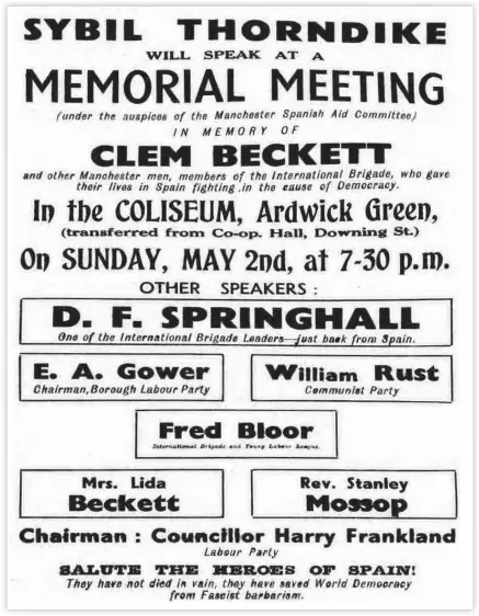  ??  ?? Right: Poster advertisin­g a memorial meeting for Clem Beckett (Working Class Movement Library)