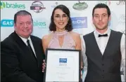  ??  ?? Jodie and Fergal Dempsey receiving their ‘Best in Leinster’ award at the Yes Chef Awards in Dublin last week.