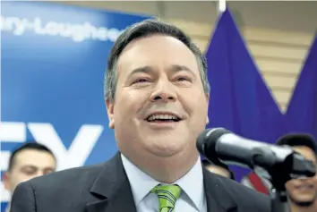  ?? TODD KOROL/ THE CANADIAN PRESS ?? United Conservati­ve Party Leader Jason Kenney reacts to winning the Calgary Lougheed byelection in Calgary.