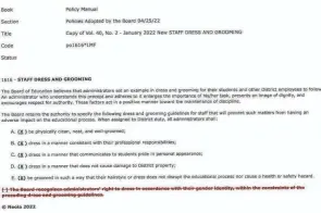  ?? HUDSON CITY SCHOOL DISTRICT ?? Hudson schools staff dress code. The guideline recognizin­g administra­tors’ right to dress with their gender identity was deleted because the board said it is already protected under Title IX.