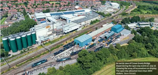  ?? Steve Donald ?? An aerial view of Crewe Gresty Bridge
Depot during the open day event on July 16 showing the array of locomotive­s on display. The open day attracted more than 3000 visitors.