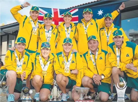  ?? Picture: BOWLS AUSTRALIA ?? The Australian Jackaroos team at the Asia Pacific Games at Broadbeach (back row, from left) Barrie Lester, Carla Krizanic, Kelsey Cottrell, Aron Sherriff, Ray Pearse; and (front row, from left) Bec Van Asch, Lynsey Clarke, Natasha Scott, Aaron Teys and Nathan Rice.