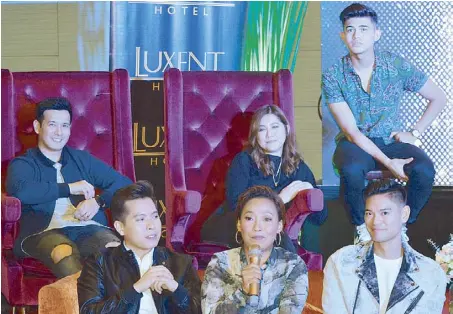  ??  ?? Present with KZ at the Cornerston­e’s media call announcing its eight major concerts to be held this year are (from left) John Prats, Jason Dy, Jaya, Moira dela Torre, Iñigo Pascual, Jay-R…