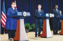  ?? (Andrew Harnik/Reuters) ?? AUSTRALIAN FOREIGN Minister Marise Payn (left) addresses the media alongside US Secretary of State Antony Blinken and US Secretary of Defense Lloyd Austin at the State Department in Washington last week.