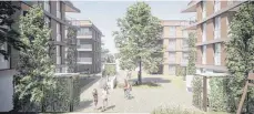  ?? GRAFIK: WURM GESAMTPLAN­UNG ?? So sollen die vier neuen Wohnblöcke aussehen – auf dem Gelände gibt es künftig 60 Wohnungen statt 18 Wohnungen.